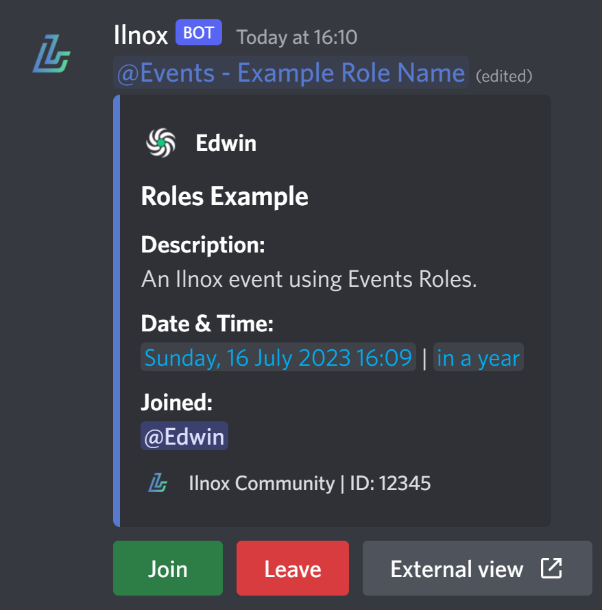 Example Ilnox event with an attached role.